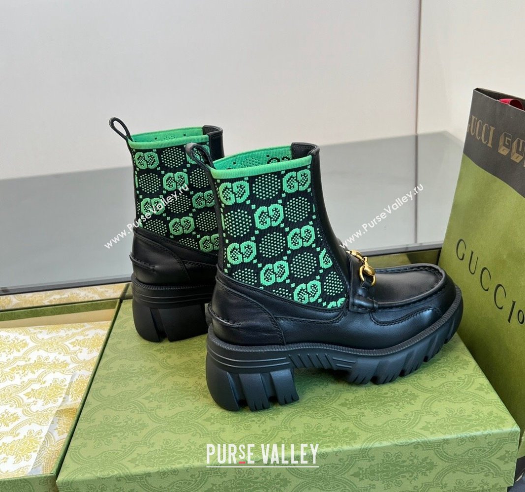 Gucci Horsebit Platform Ankle Boots in GG Knit and Leather 6cm Black/Green 2024 GG090604 (MD-240906034)