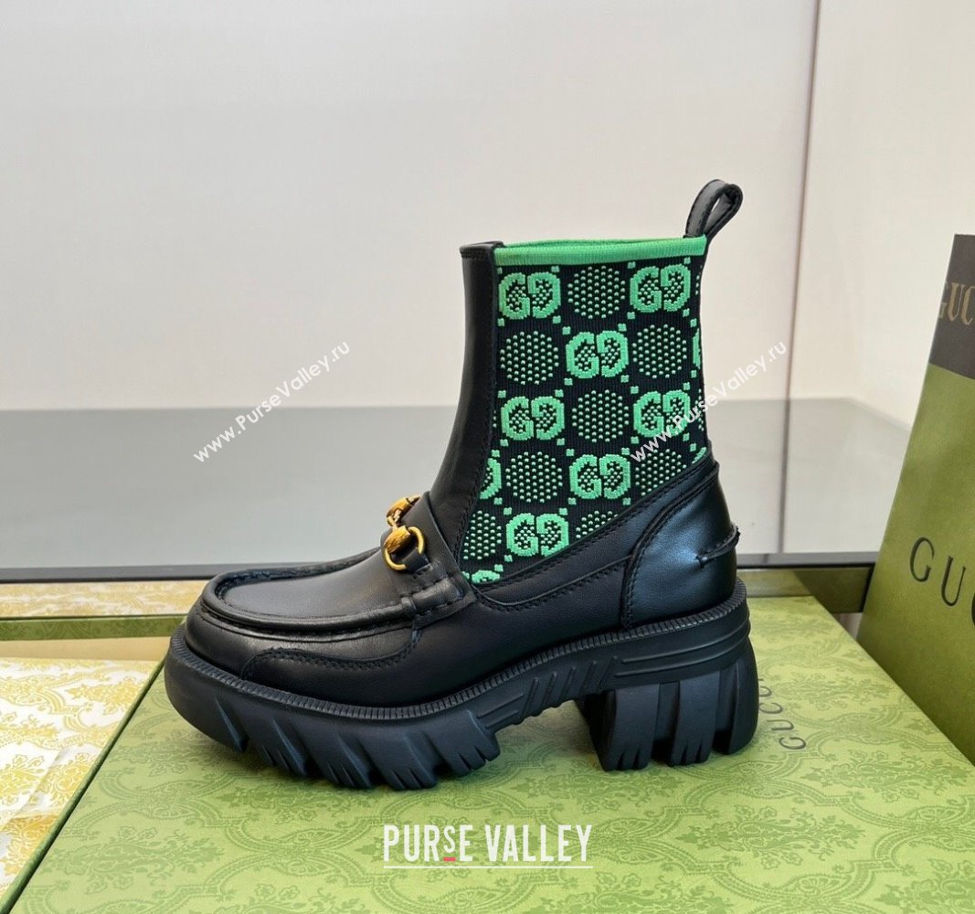 Gucci Horsebit Platform Ankle Boots in GG Knit and Leather 6cm Black/Green 2024 GG090604 (MD-240906034)