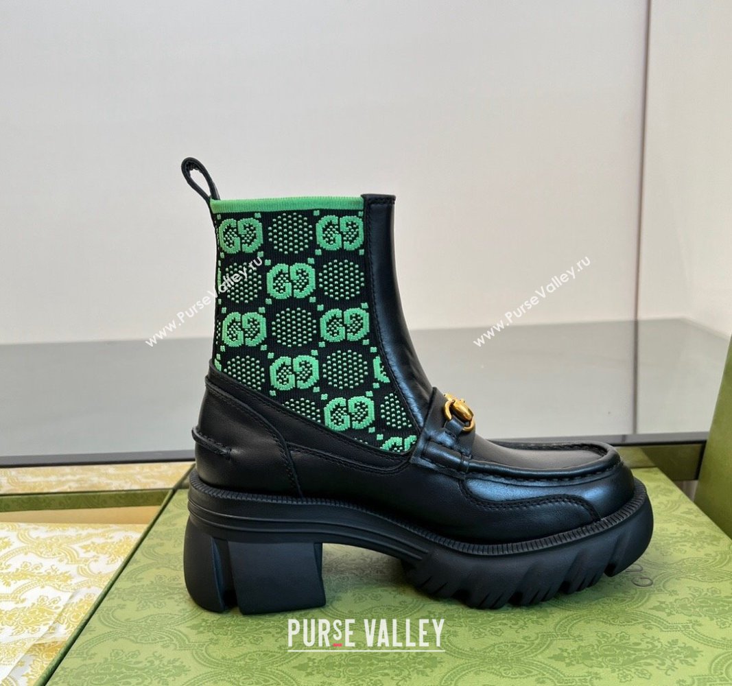 Gucci Horsebit Platform Ankle Boots in GG Knit and Leather 6cm Black/Green 2024 GG090604 (MD-240906034)