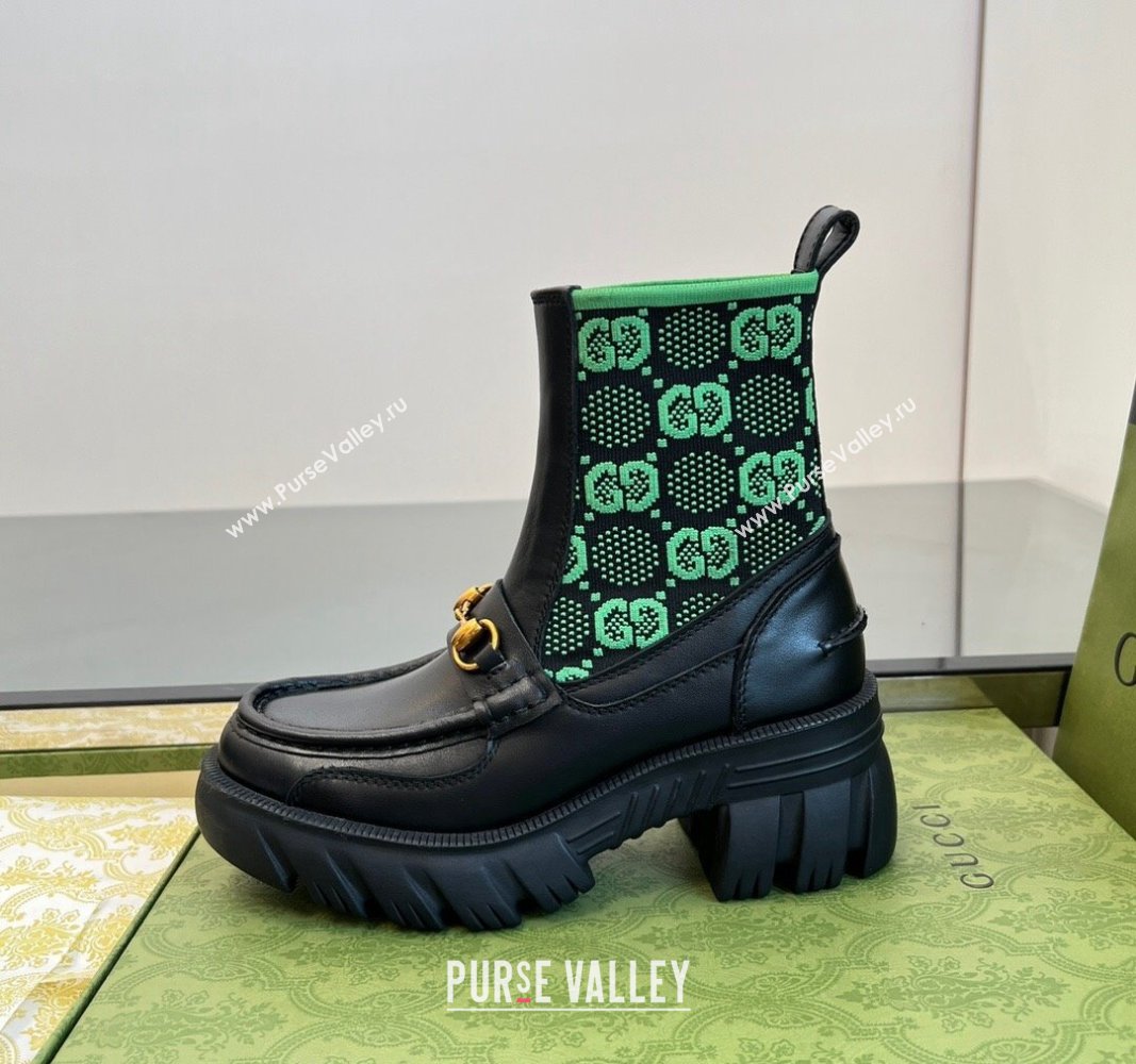 Gucci Horsebit Platform Ankle Boots in GG Knit and Leather 6cm Black/Green 2024 GG090604 (MD-240906034)