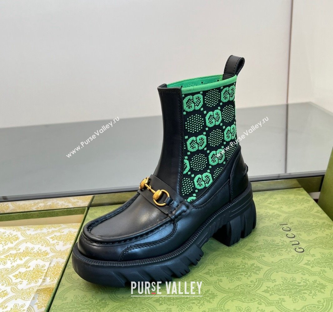 Gucci Horsebit Platform Ankle Boots in GG Knit and Leather 6cm Black/Green 2024 GG090604 (MD-240906034)