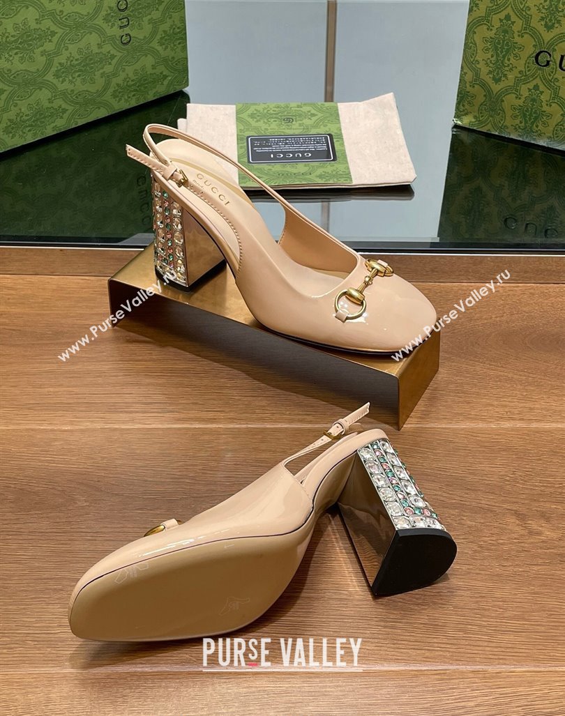 Gucci Patent Leather Horsebit Slingback Pumps 9.5cm with Strass Heel Beige 2024 (MD-240906041)