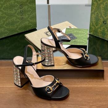 Gucci Shiny Leather Horsebit Sandals 9.5cm with Strass Heel Black 2024 GG090606 (SS-240906059)