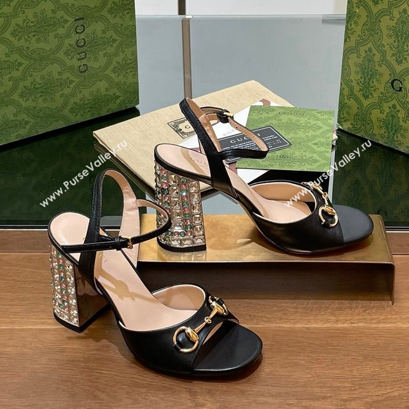 Gucci Shiny Leather Horsebit Sandals 9.5cm with Strass Heel Black 2024 GG090606 (SS-240906059)