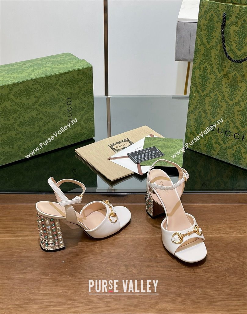 Gucci Shiny Leather Horsebit Sandals 9.5cm with Strass Heel White 2024 GG090606 (SS-240906060)