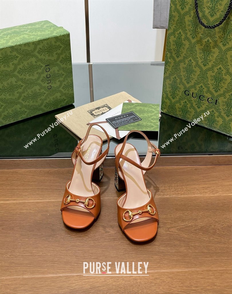 Gucci Shiny Leather Horsebit Sandals 9.5cm with Strass Heel Brown 2024 GG090606 (SS-240906061)