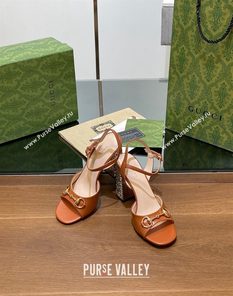 Gucci Shiny Leather Horsebit Sandals 9.5cm with Strass Heel Brown 2024 GG090606 (SS-240906061)