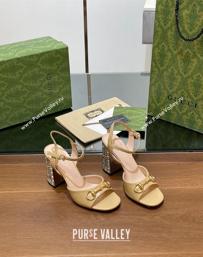 Gucci Shiny Leather Horsebit Sandals 9.5cm with Strass Heel Beige 2024 GG090606 (SS-240906062)