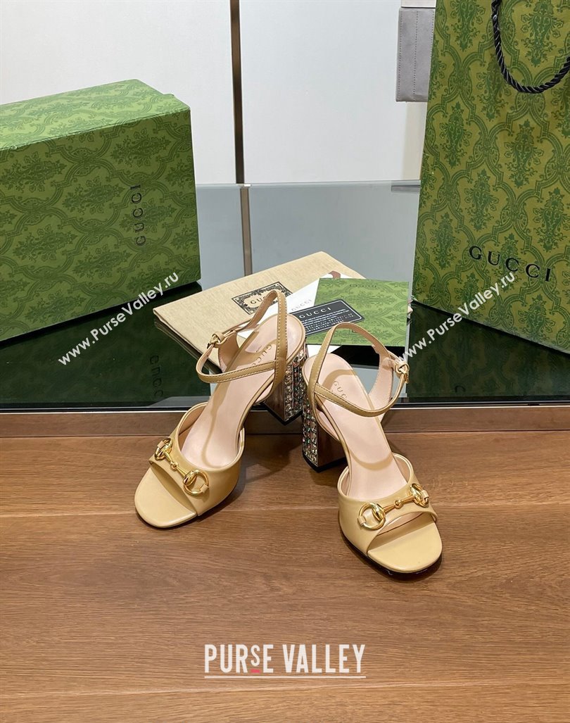 Gucci Shiny Leather Horsebit Sandals 9.5cm with Strass Heel Beige 2024 GG090606 (SS-240906062)