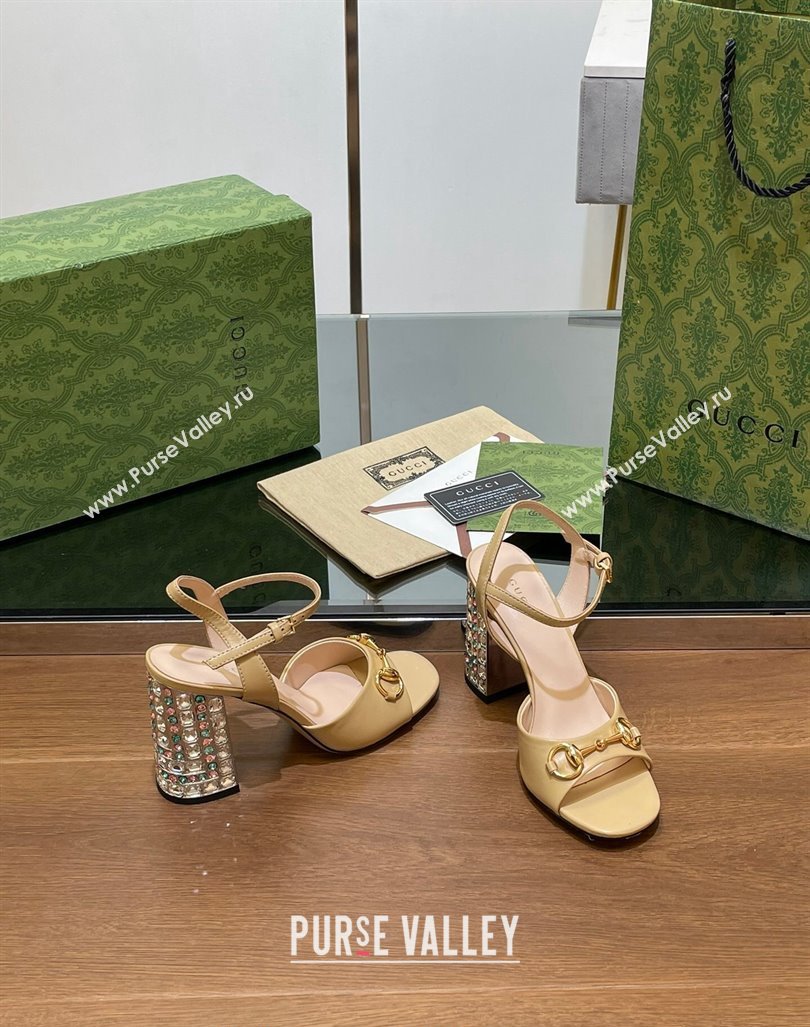 Gucci Shiny Leather Horsebit Sandals 9.5cm with Strass Heel Beige 2024 GG090606 (SS-240906062)