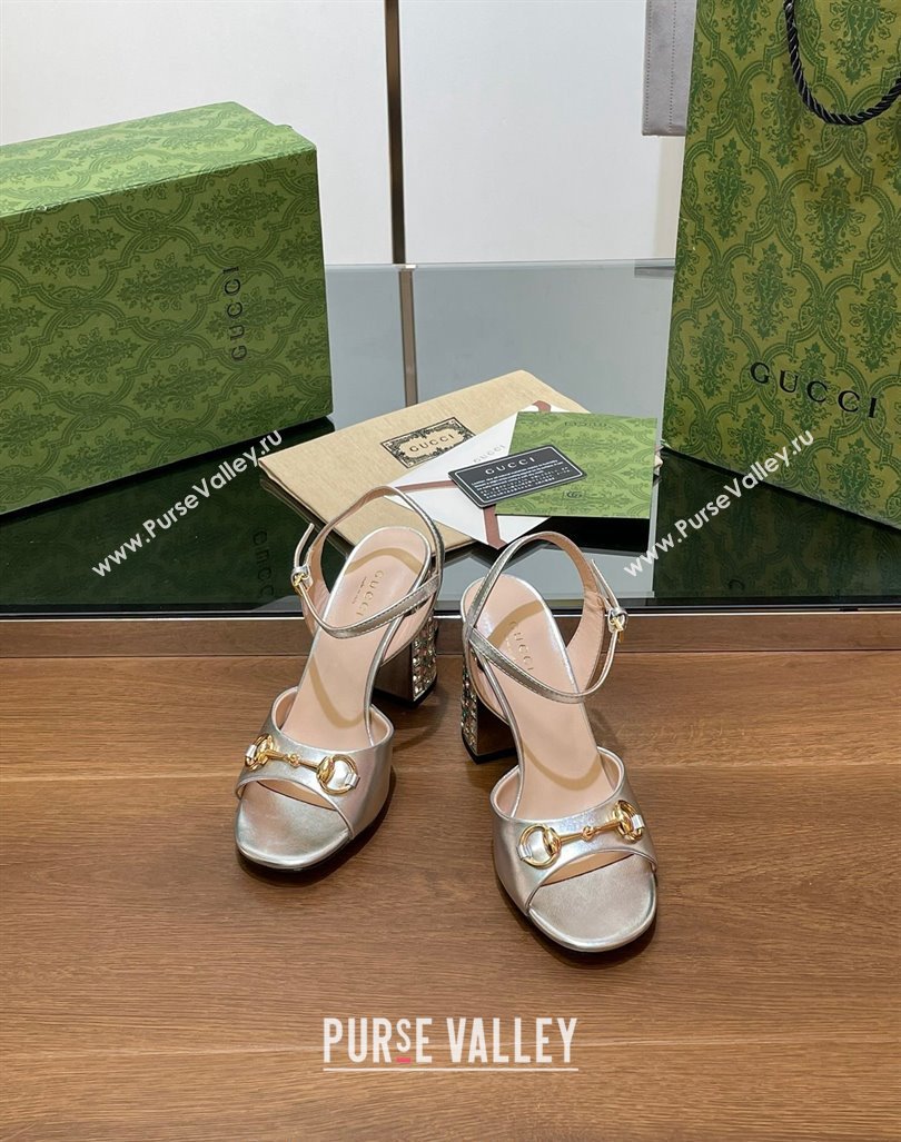 Gucci Shiny Leather Horsebit Sandals 9.5cm with Strass Heel Silver 2024 GG090606 (SS-240906063)