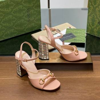 Gucci Shiny Leather Horsebit Sandals 9.5cm with Strass Heel Light Pink 2024 GG090606 (SS-240906064)