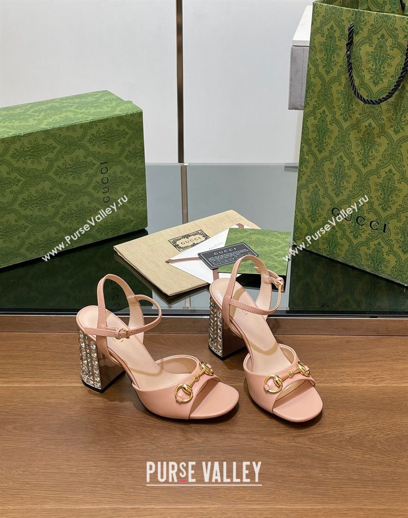 Gucci Shiny Leather Horsebit Sandals 9.5cm with Strass Heel Light Pink 2024 GG090606 (SS-240906064)