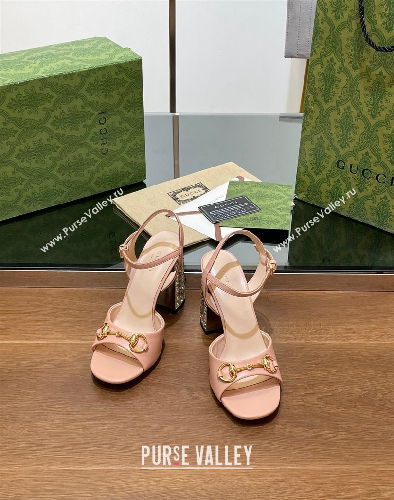 Gucci Shiny Leather Horsebit Sandals 9.5cm with Strass Heel Light Pink 2024 GG090606 (SS-240906064)