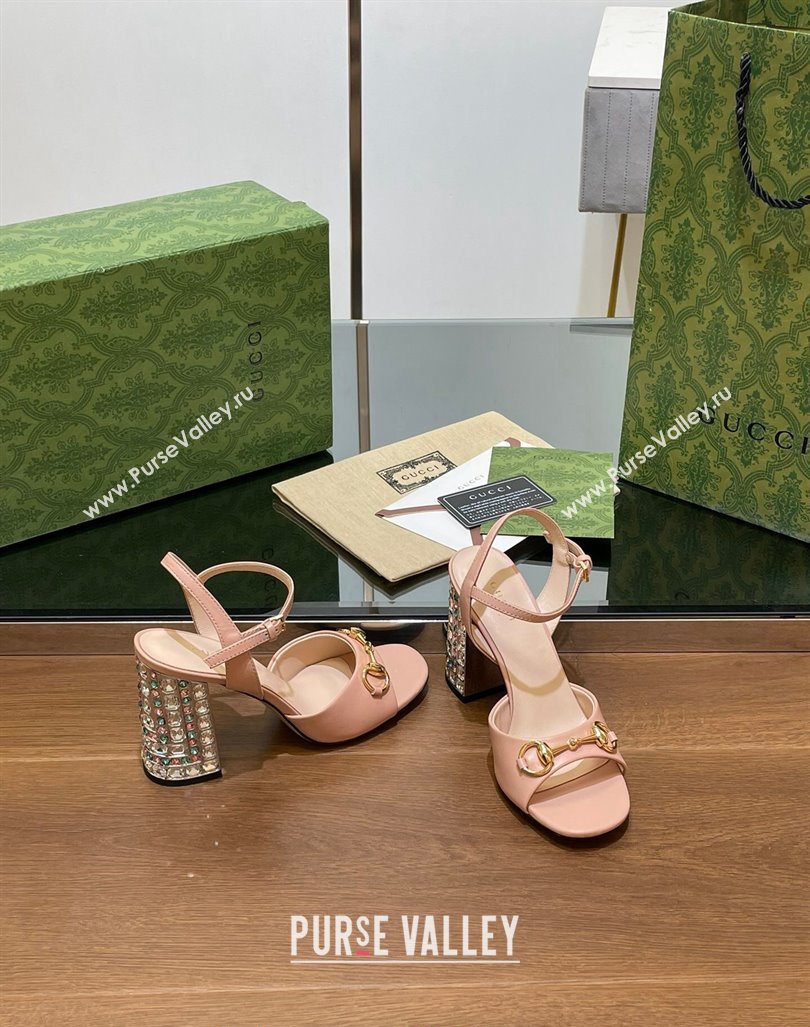 Gucci Shiny Leather Horsebit Sandals 9.5cm with Strass Heel Light Pink 2024 GG090606 (SS-240906064)