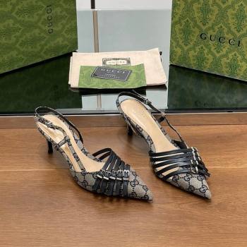 Gucci GG Canvas Slingback Pumps 6.5cm with Multi Buckle Grey 2024 (SS-240906065)