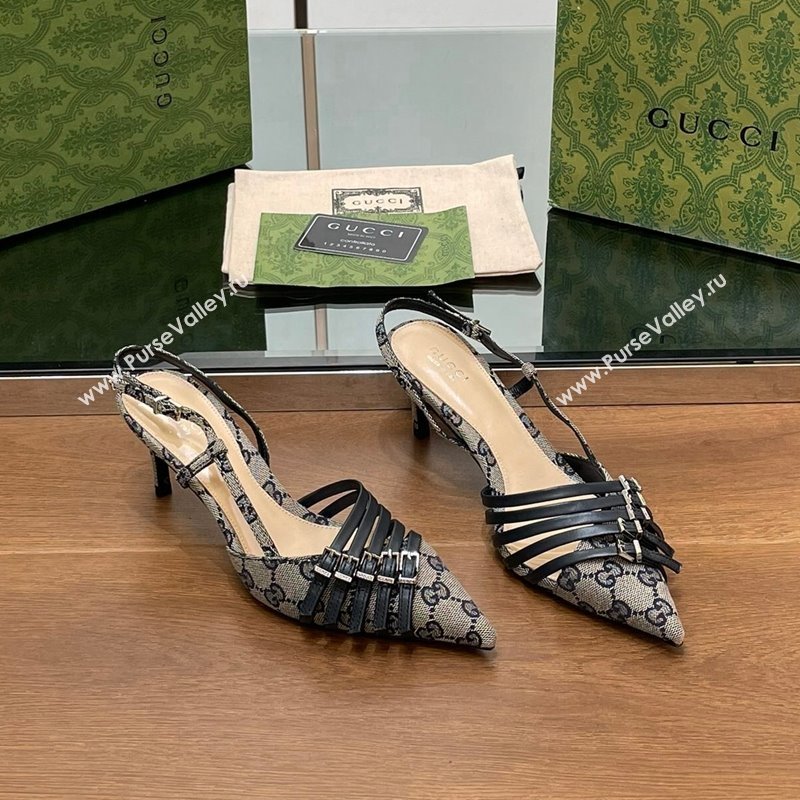 Gucci GG Canvas Slingback Pumps 6.5cm with Multi Buckle Grey 2024 (SS-240906065)