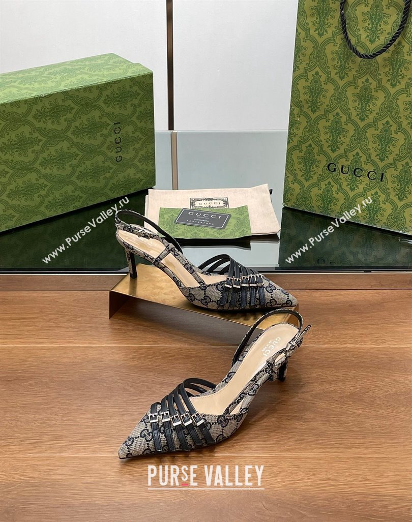 Gucci GG Canvas Slingback Pumps 6.5cm with Multi Buckle Grey 2024 (SS-240906065)