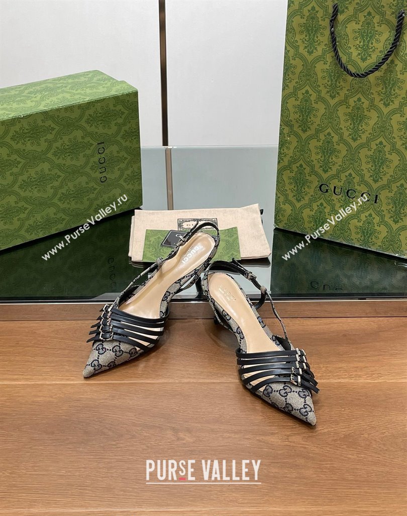 Gucci GG Canvas Slingback Pumps 6.5cm with Multi Buckle Grey 2024 (SS-240906065)