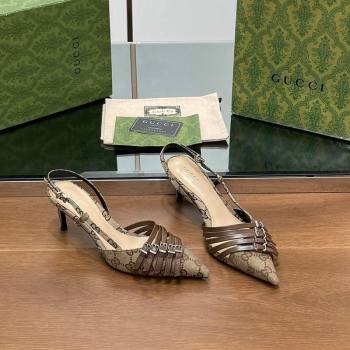 Gucci GG Canvas Slingback Pumps 6.5cm with Multi Buckle Beige 2024 (SS-240906066)