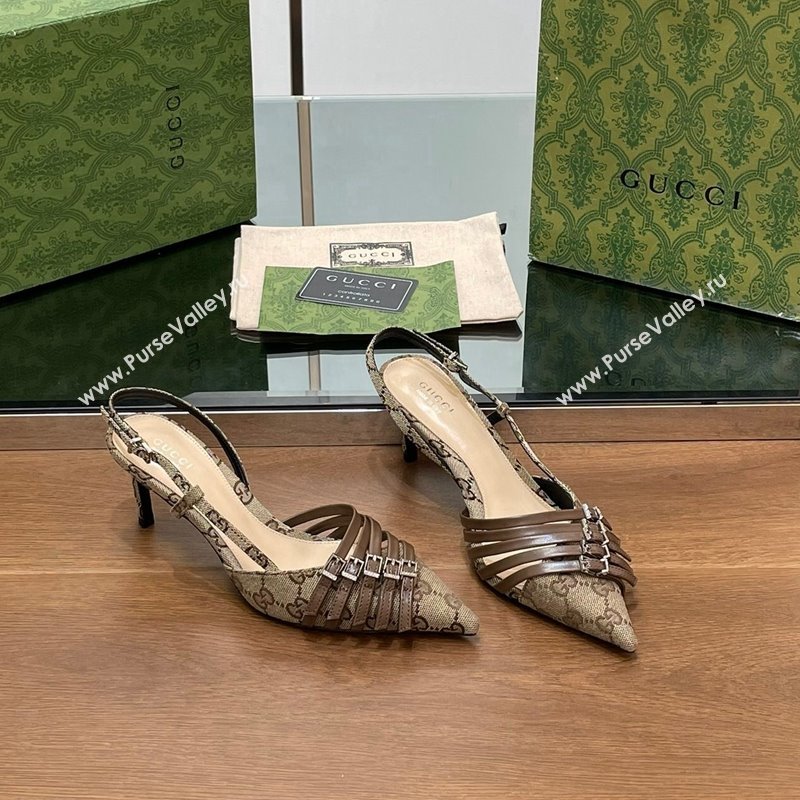 Gucci GG Canvas Slingback Pumps 6.5cm with Multi Buckle Beige 2024 (SS-240906066)