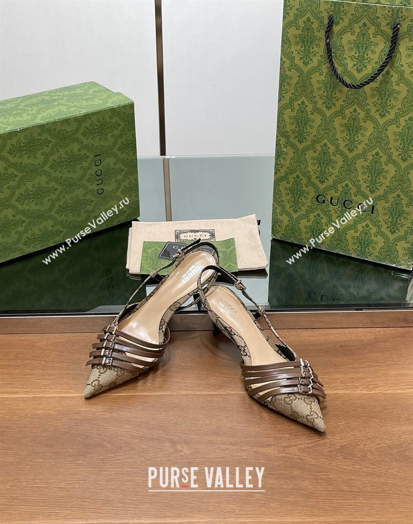 Gucci GG Canvas Slingback Pumps 6.5cm with Multi Buckle Beige 2024 (SS-240906066)