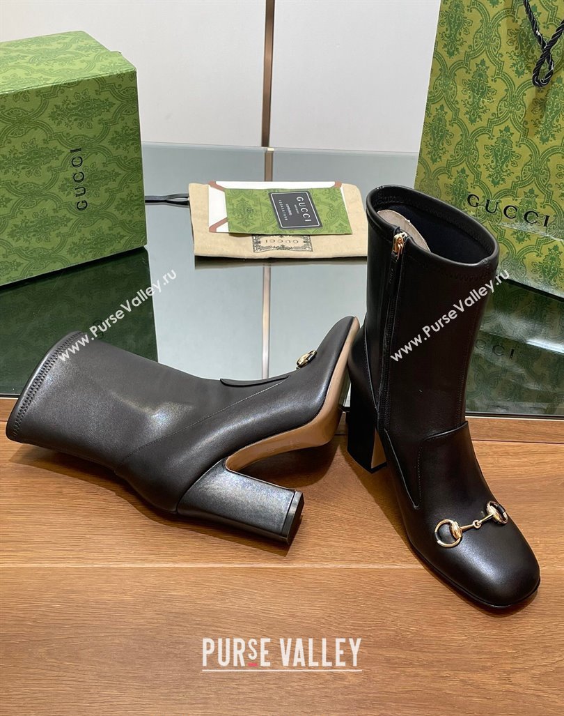 Gucci Leather Horsebit Heel Ankle Boots 6.5/9.5cm Black 2024 (SS-240906008)