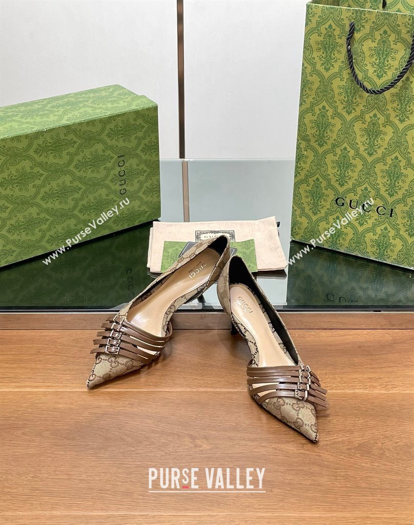 Gucci GG Supreme Canvas Pumps 6.5cm with Multi Buckle Beige 2024 (SS-240906089)