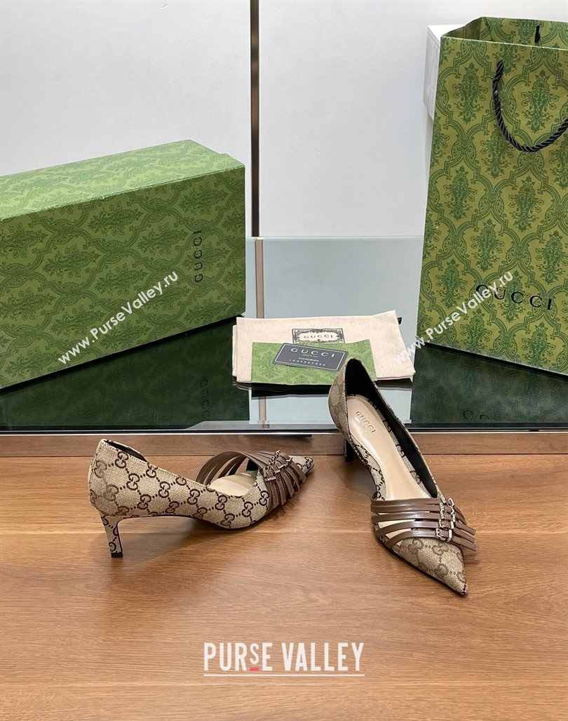 Gucci GG Supreme Canvas Pumps 6.5cm with Multi Buckle Beige 2024 (SS-240906089)