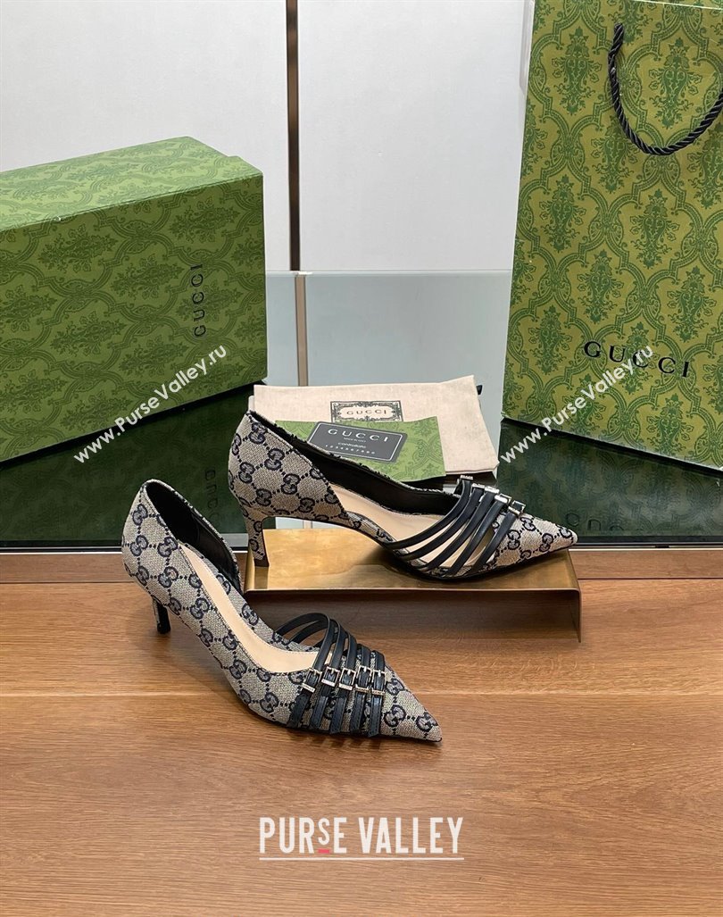 Gucci GG Supreme Canvas Pumps 6.5cm with Multi Buckle Grey 2024 (SS-240906090)