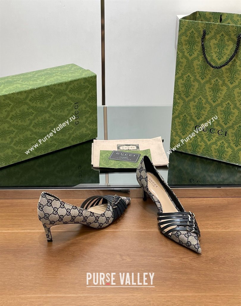 Gucci GG Supreme Canvas Pumps 6.5cm with Multi Buckle Grey 2024 (SS-240906090)