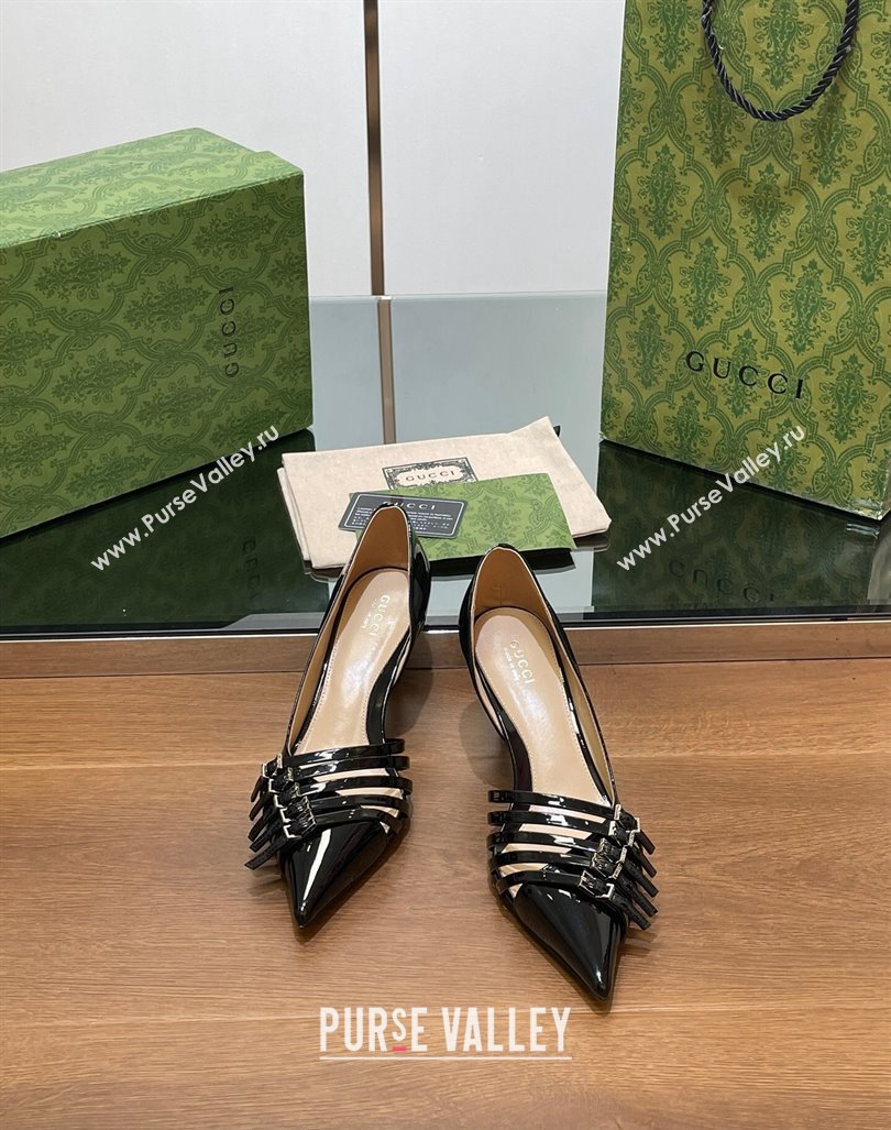 Gucci Patent Calf Leather Pumps 6.5cm with Multi Buckle Black 2024 (SS-240906084)