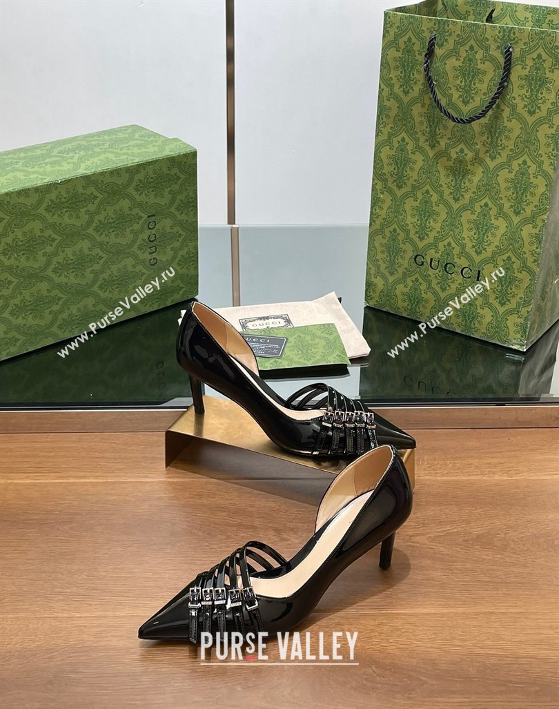 Gucci Patent Calf Leather Pumps 6.5cm with Multi Buckle Black 2024 (SS-240906084)