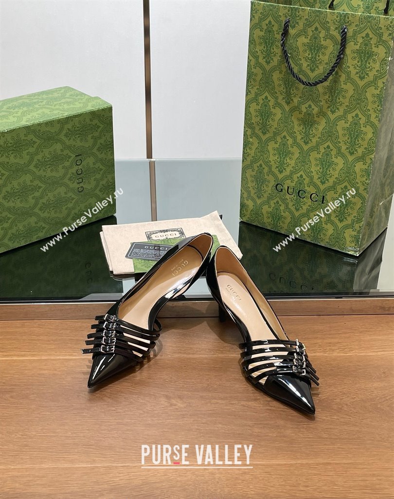 Gucci Patent Calf Leather Pumps 6.5cm with Multi Buckle Black 2024 (SS-240906084)