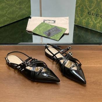 Gucci Strappy Buckle Patent Leather Slingback Ballet Flat Black 2024 (SS-240906093)