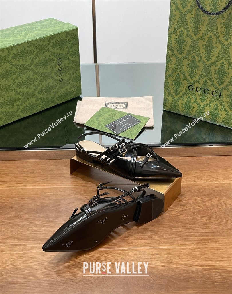 Gucci Strappy Buckle Patent Leather Slingback Ballet Flat Black 2024 (SS-240906093)