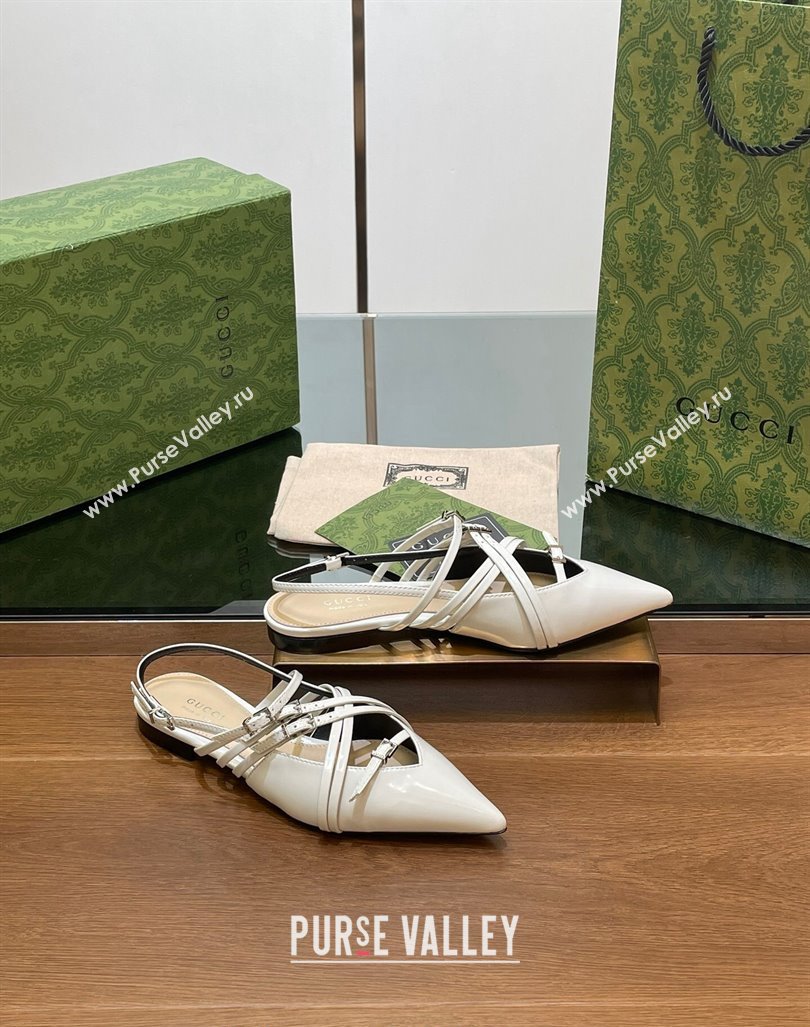 Gucci Strappy Buckle Patent Leather Slingback Ballet Flat White 2024 (SS-240906094)