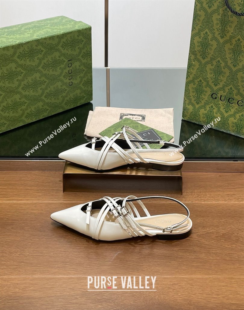 Gucci Strappy Buckle Patent Leather Slingback Ballet Flat White 2024 (SS-240906094)