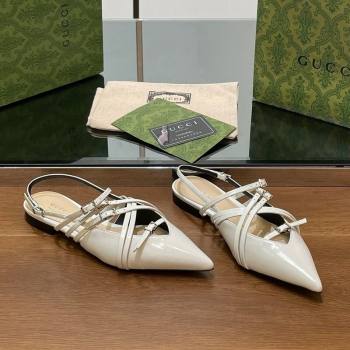 Gucci Strappy Buckle Patent Leather Slingback Ballet Flat White 2024 (SS-240906094)