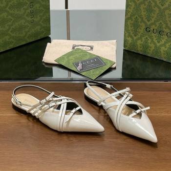 Gucci Strappy Buckle Patent Leather Slingback Ballet Flat White 2024 (SS-240906094)