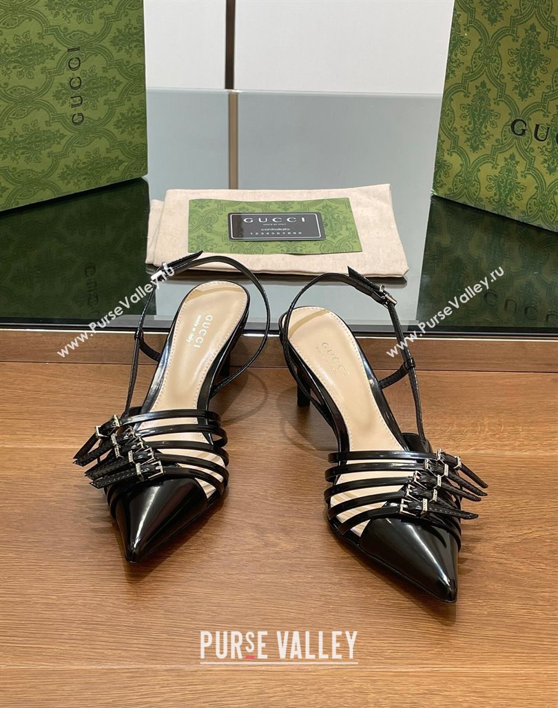 Gucci Patent Leather Slingback Pumps 6.5cm with Multi Buckle Black 2024 (SS-240906067)