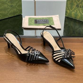 Gucci Patent Leather Slingback Pumps 6.5cm with Multi Buckle Black 2024 (SS-240906067)