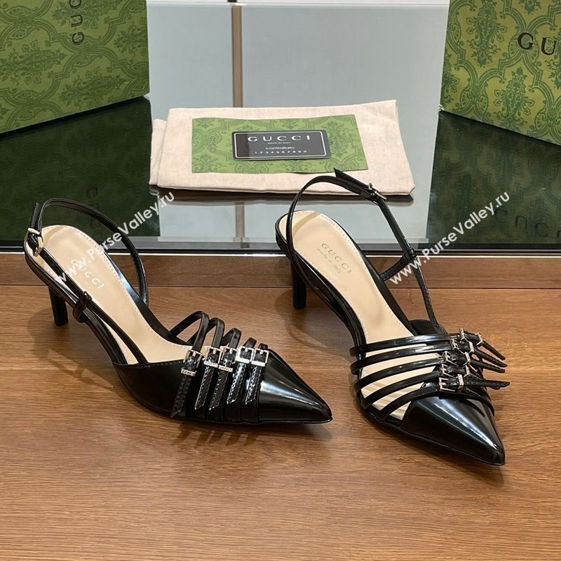 Gucci Patent Leather Slingback Pumps 6.5cm with Multi Buckle Black 2024 (SS-240906067)