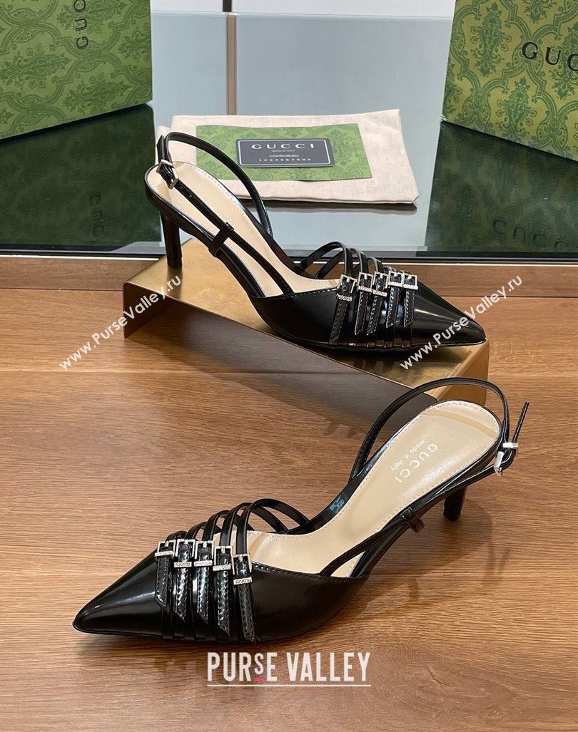 Gucci Patent Leather Slingback Pumps 6.5cm with Multi Buckle Black 2024 (SS-240906067)