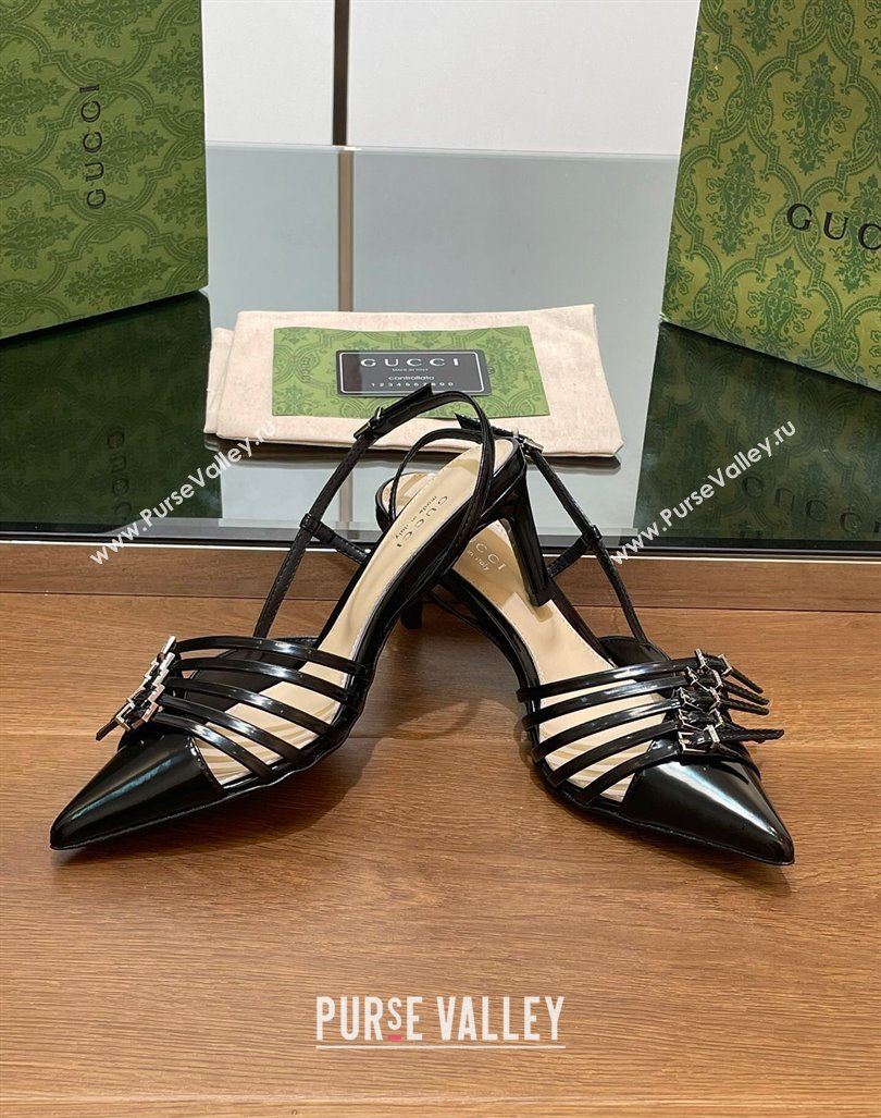 Gucci Patent Leather Slingback Pumps 6.5cm with Multi Buckle Black 2024 (SS-240906067)