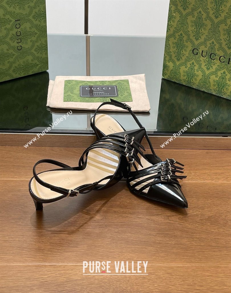 Gucci Patent Leather Slingback Pumps 6.5cm with Multi Buckle Black 2024 (SS-240906067)