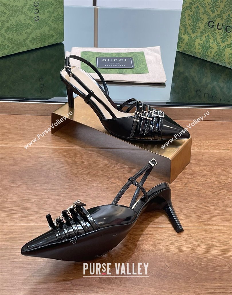 Gucci Patent Leather Slingback Pumps 6.5cm with Multi Buckle Black 2024 (SS-240906067)