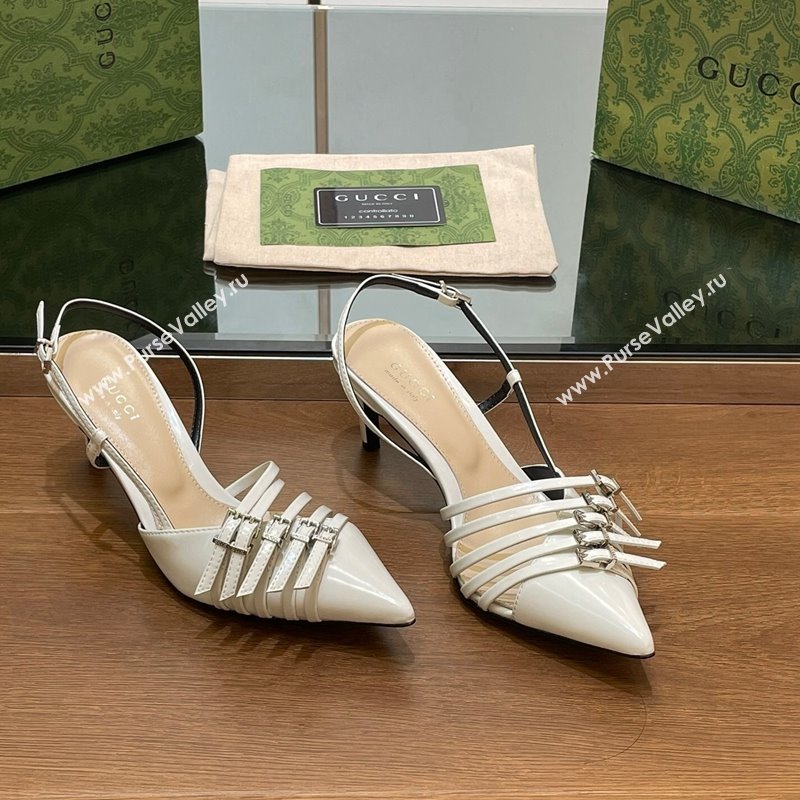 Gucci Patent Leather Slingback Pumps 6.5cm with Multi Buckle White 2024 (SS-240906068)