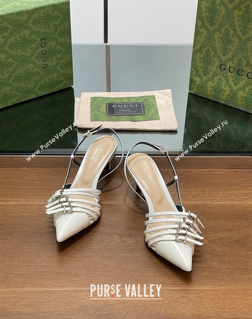 Gucci Patent Leather Slingback Pumps 6.5cm with Multi Buckle White 2024 (SS-240906068)