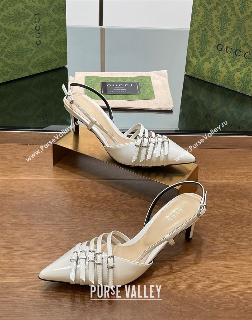 Gucci Patent Leather Slingback Pumps 6.5cm with Multi Buckle White 2024 (SS-240906068)